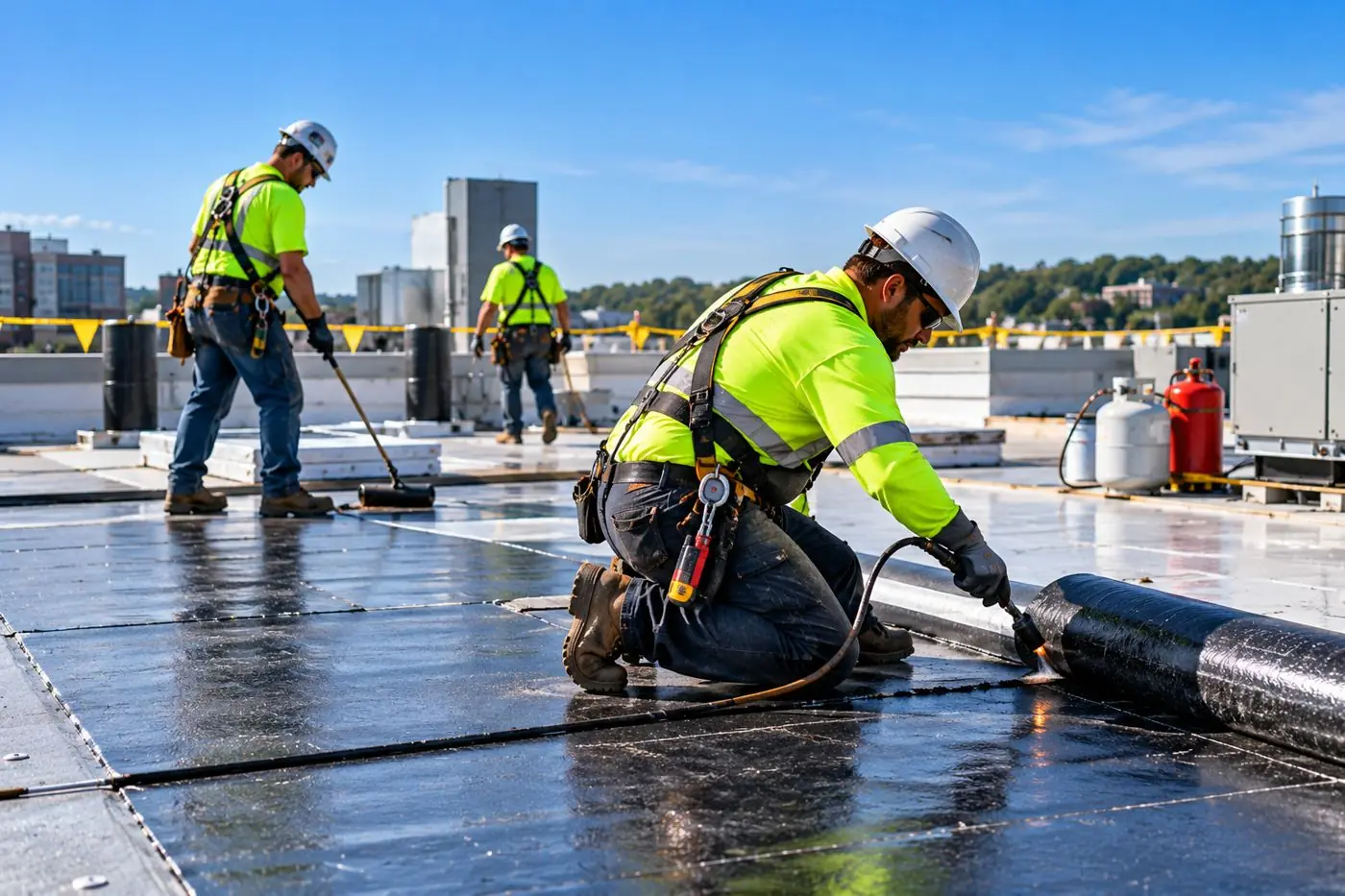 Roofing crew installing a commercial roof