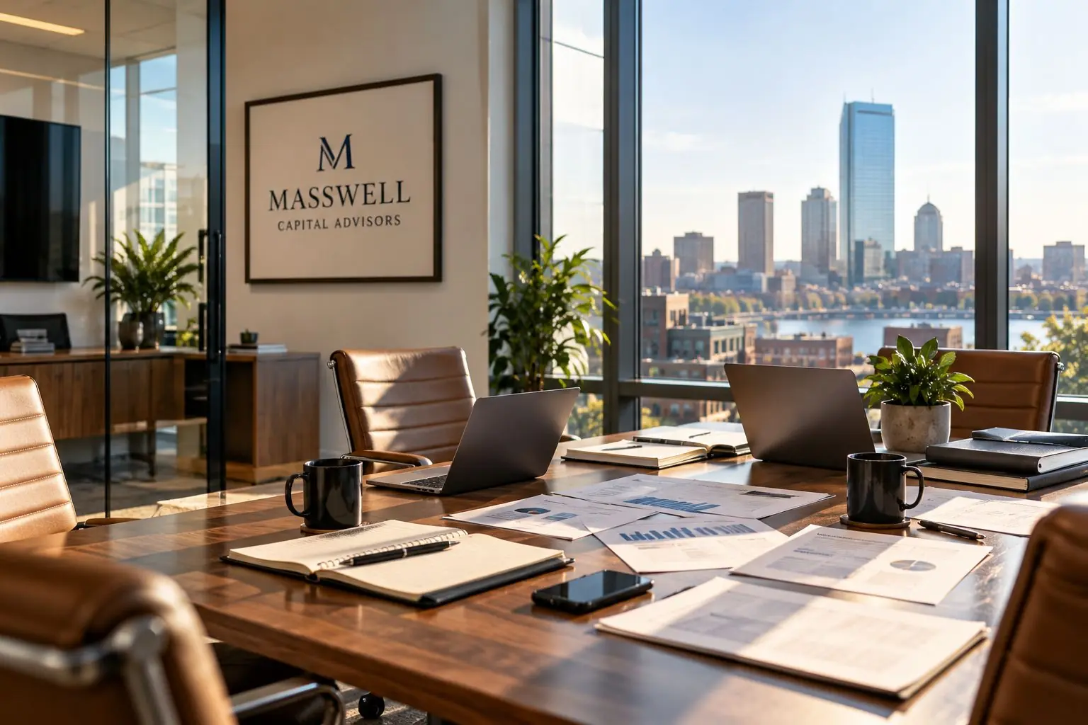 Financial reports on a conference table overlooking Boston