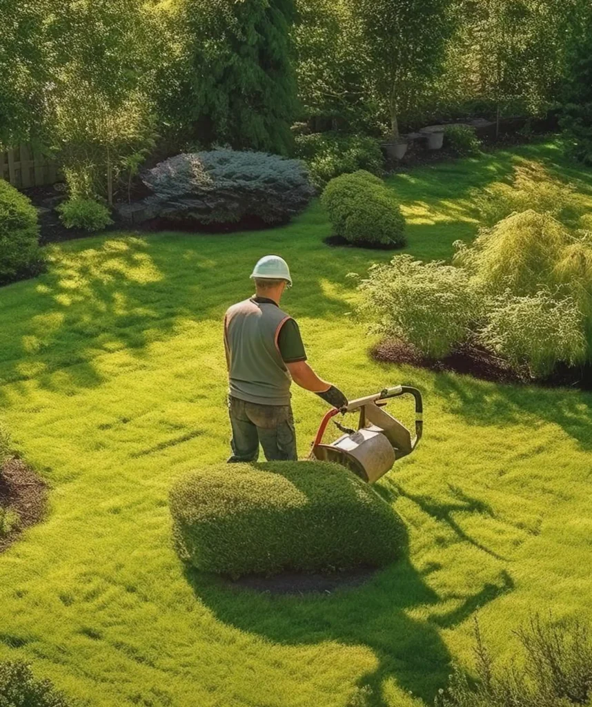 Landscaping professional maintaining lush green garden and shrubs